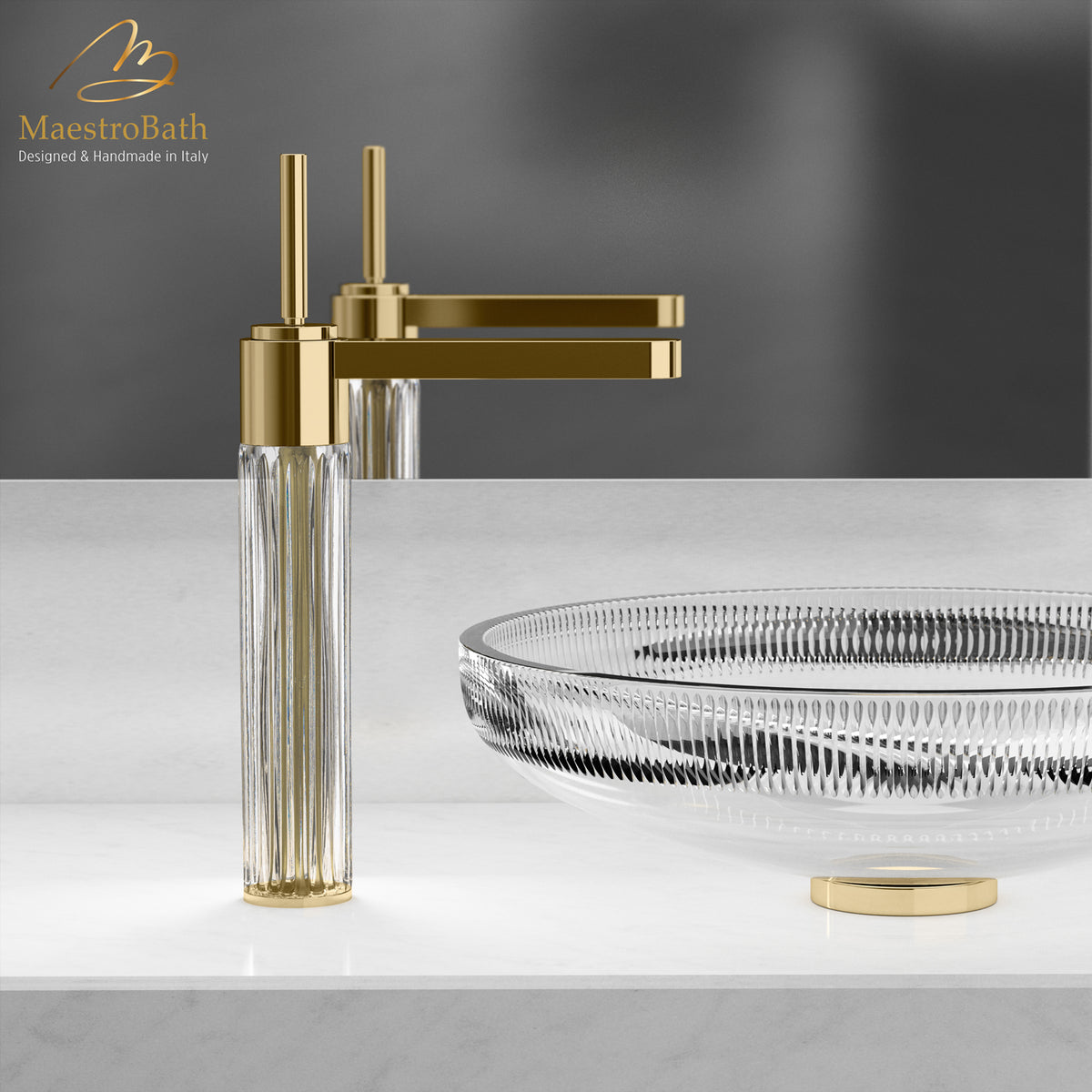 Deck mounted crystal and brass single hole bathroom faucet, 13.2 inch spout height and a 7.6 inch spout reach #color_polished gold