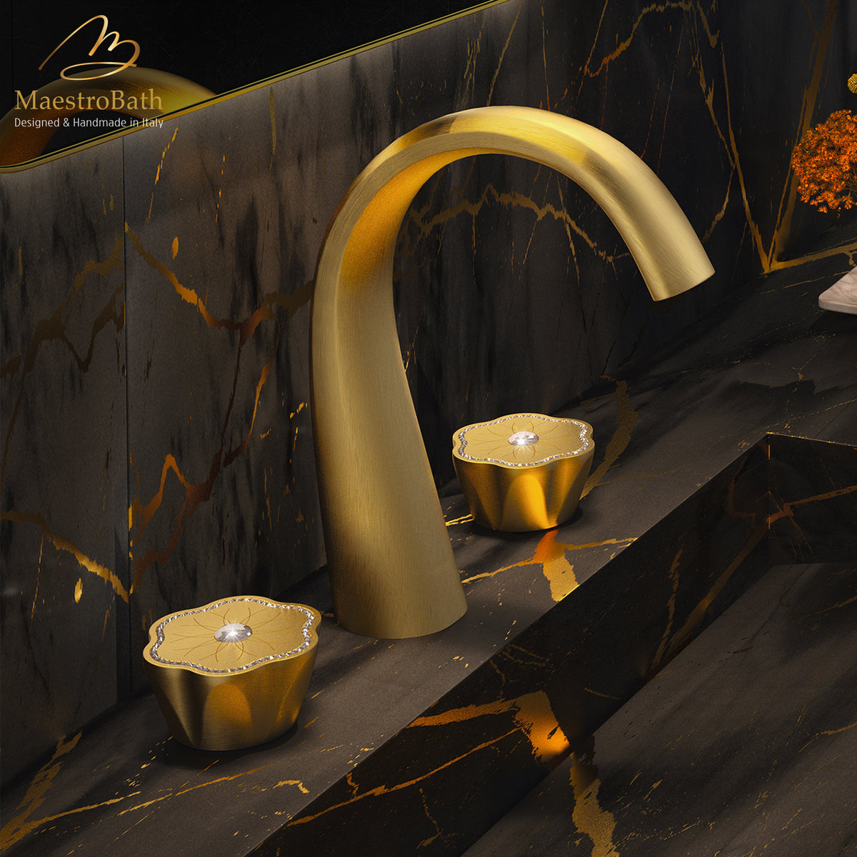 Deck mounted crystal and brass three hole bathroom faucet, 8.7 inch spout height and a 5.3 inch spout reach #color_Matte Gold