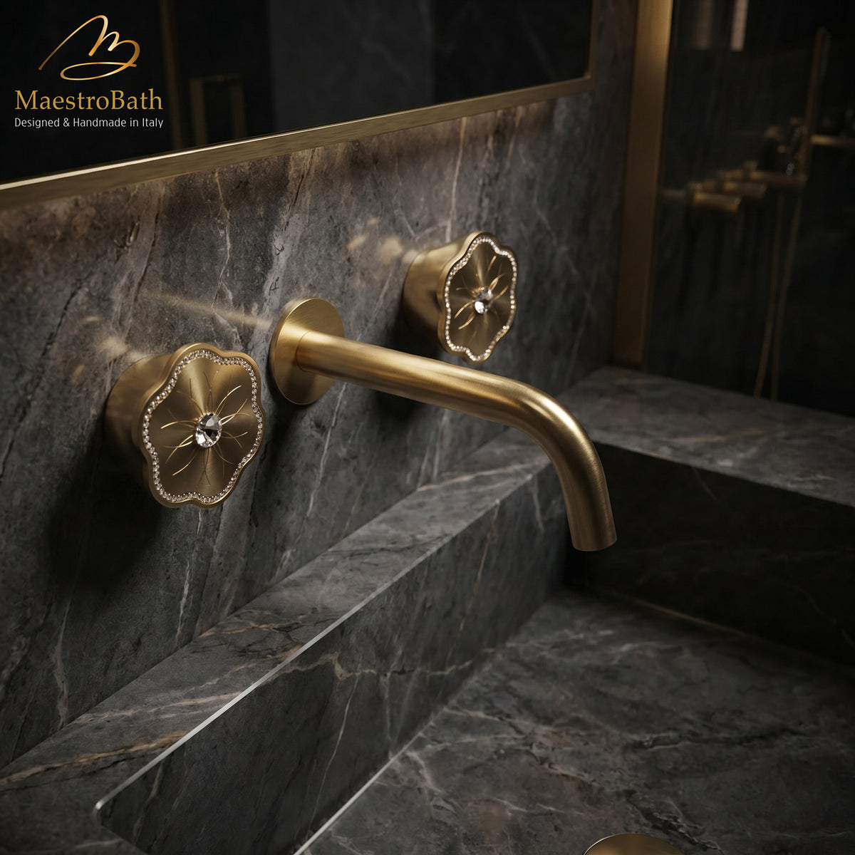 Crystal and brass wall mount bathroom faucet, 7.8 inch spout reach #color_brushed gold