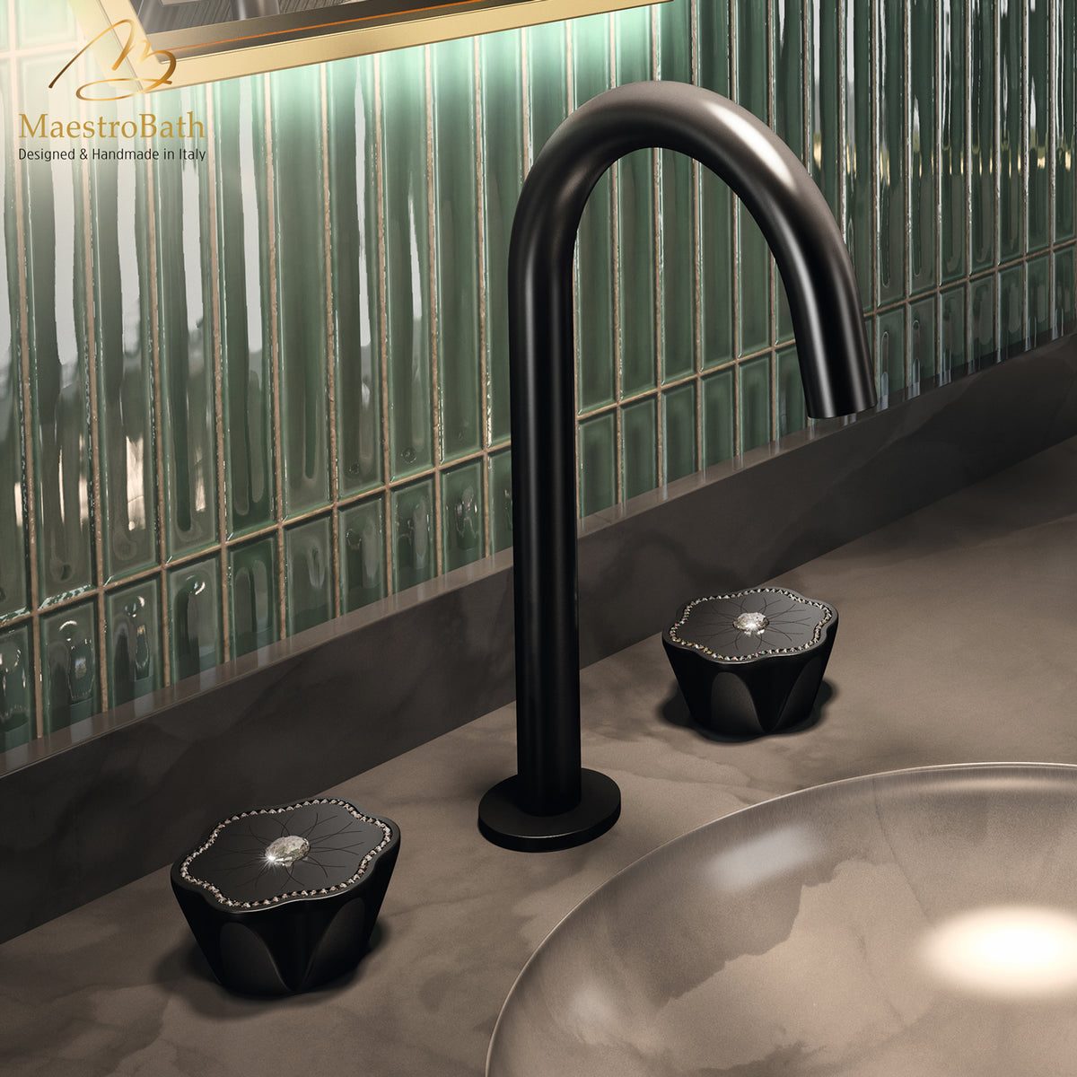 Deck mounted crystal and brass three hole bathroom faucet, shown in black, 10.8 inch spout height and a 5.6 inch spout reach