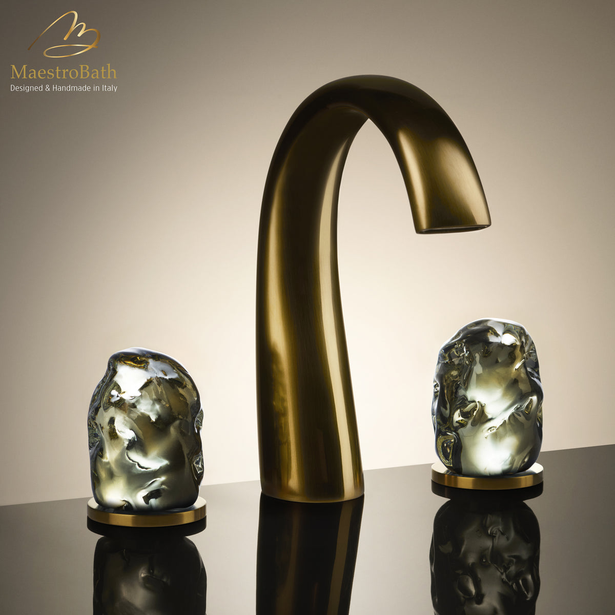 Deck mounted crystal and brass three hole bathroom faucet, 6.1 inch spout height and a 5.2 inch spout reach #color_brushed gold