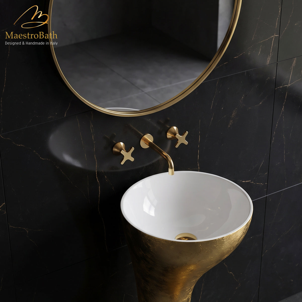 Fioritura Luxury Wall-mount Bathroom Faucet, shown in polished gold, 2.3 inch spout height and a 7.9 inch spout reach #color_polished gold