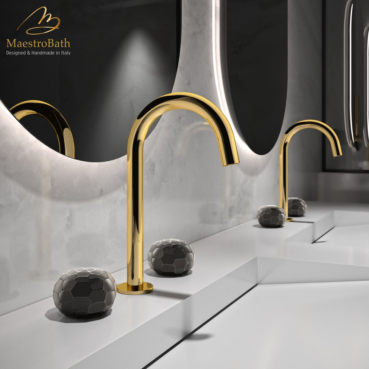Glamour 3-Hole Luxury Bathroom Faucet, shown in polished gold, 10.8 inch spout height and a 5.6 inch spout reach