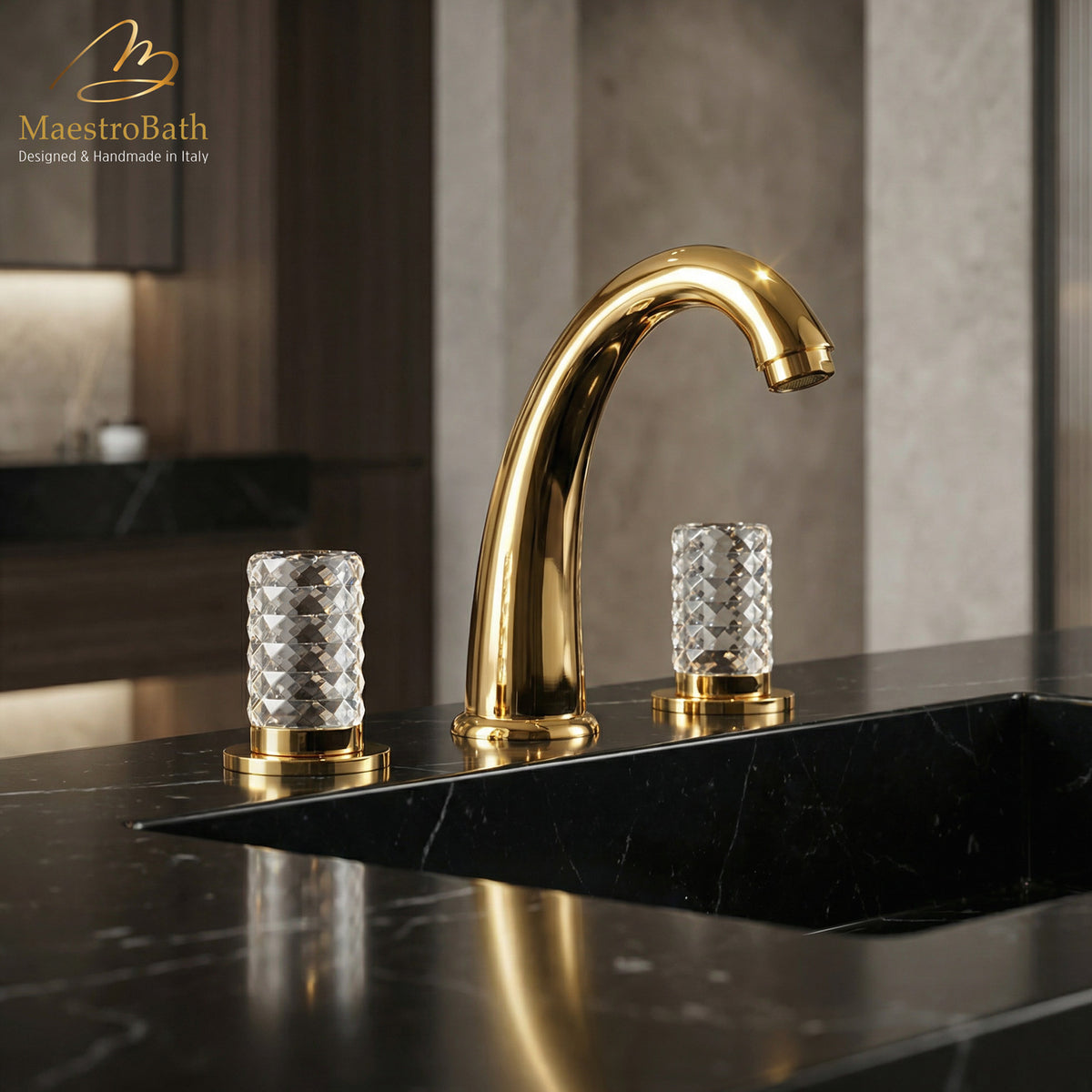 Deck mounted brass three hole bathroom faucet, shown in polished gold, made of lead-free brass #color_polished gold