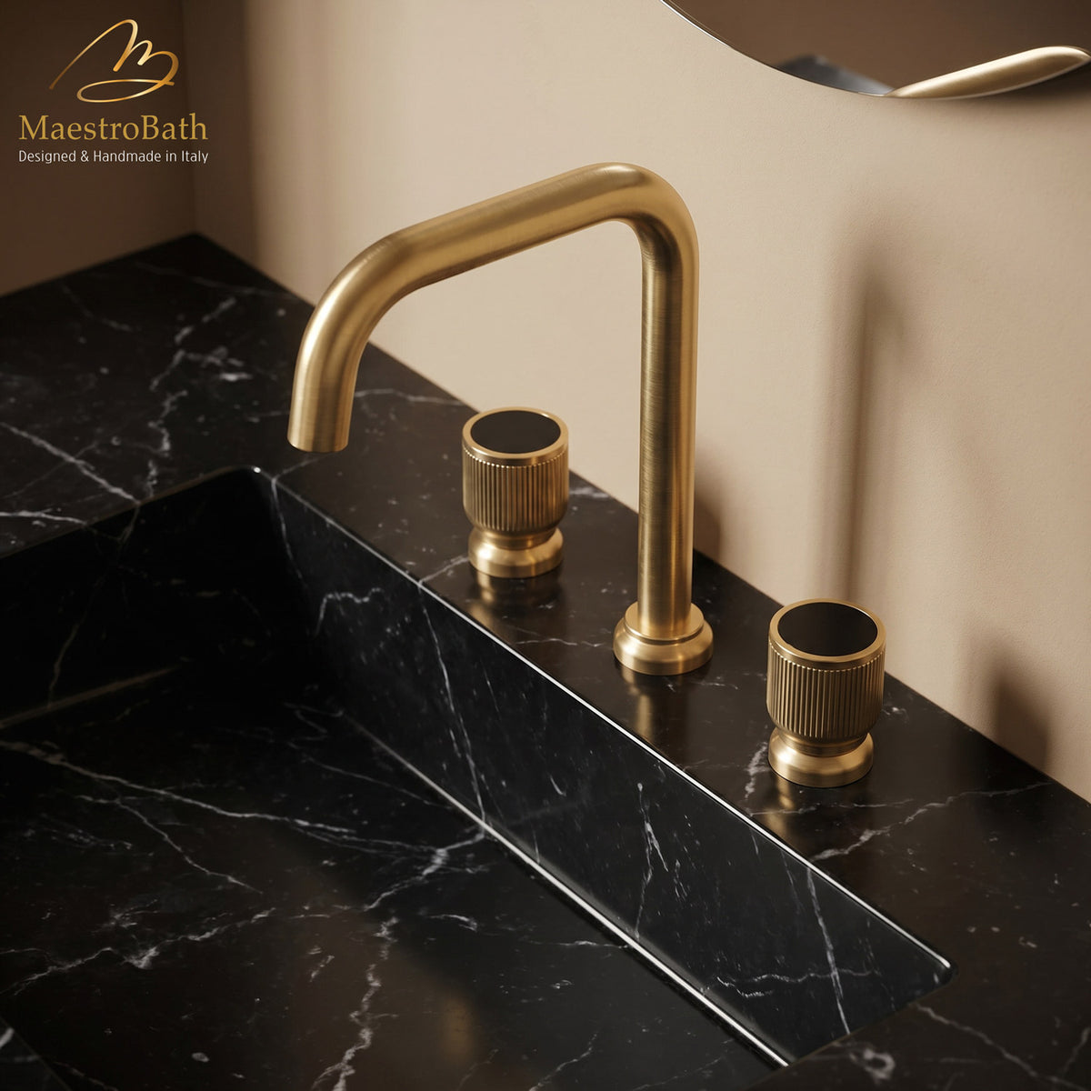 Deck mounted brass three hole bathroom faucet, 9.3 inch spout height and a 8.9 inch spout reach, made of lead-free brass #color_Brushed Gold