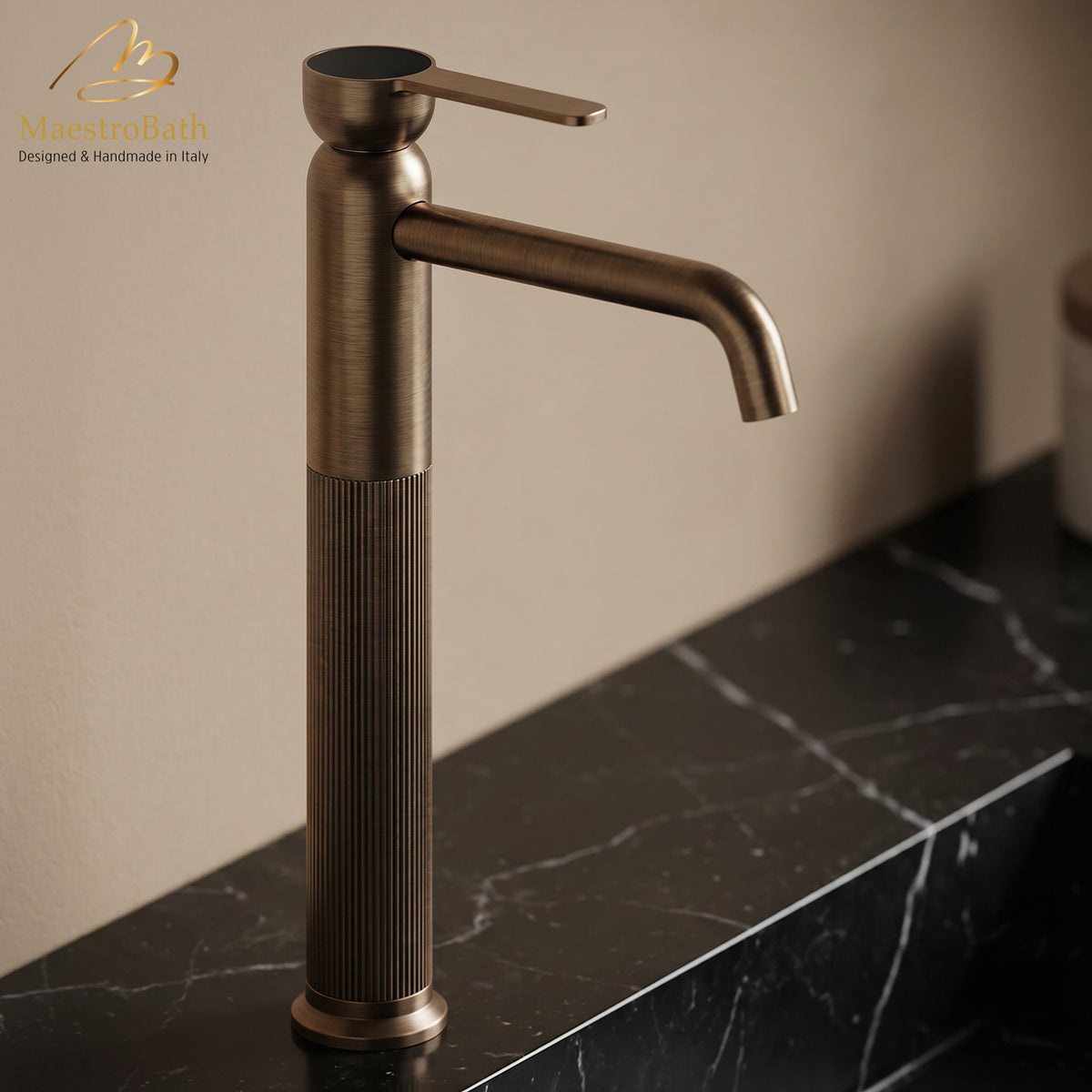 Deck mounted brass single hole bathroom faucet, 13.5 inch spout height and a 8.5 inch spout reach, made of lead-free brass #color_Tabacco