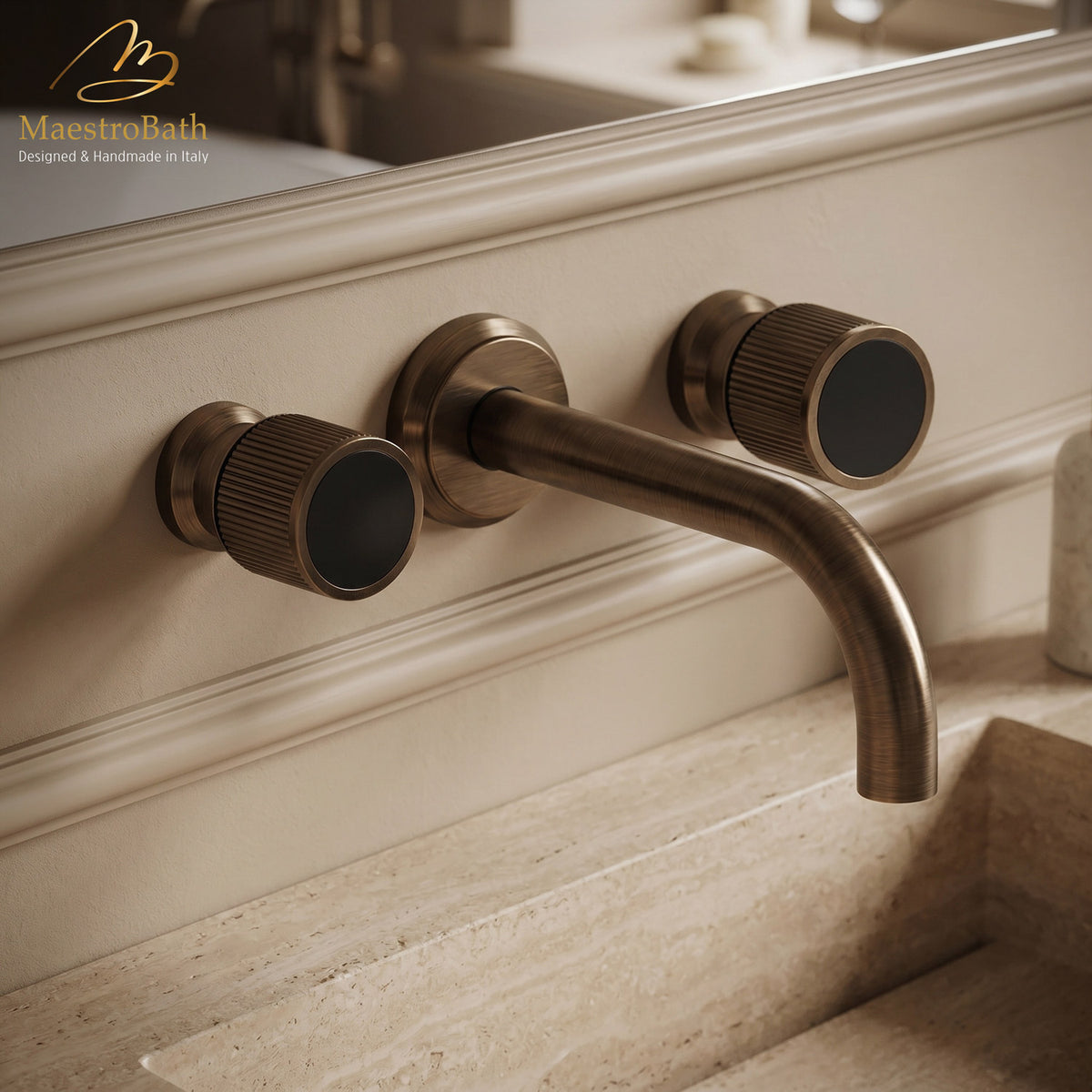 Rigato Luxury Wall-mount Bathroom Faucet, 8.3 inch spout reach, made of lead-free brass #color_Tobacco