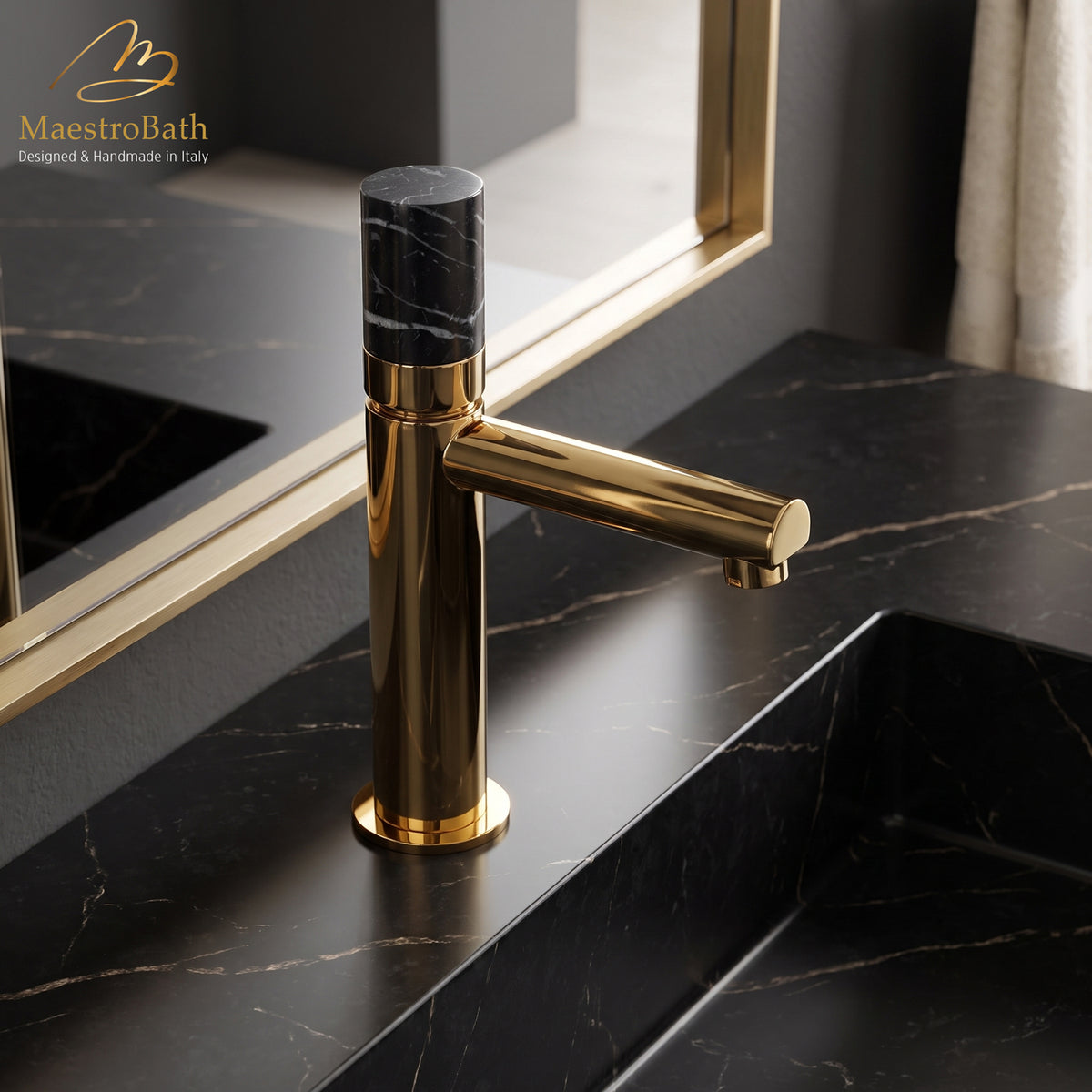Marble Low Bathroom Faucet, shown in polished gold, 7.8 inch spout height and a 4.7 inch spout reach