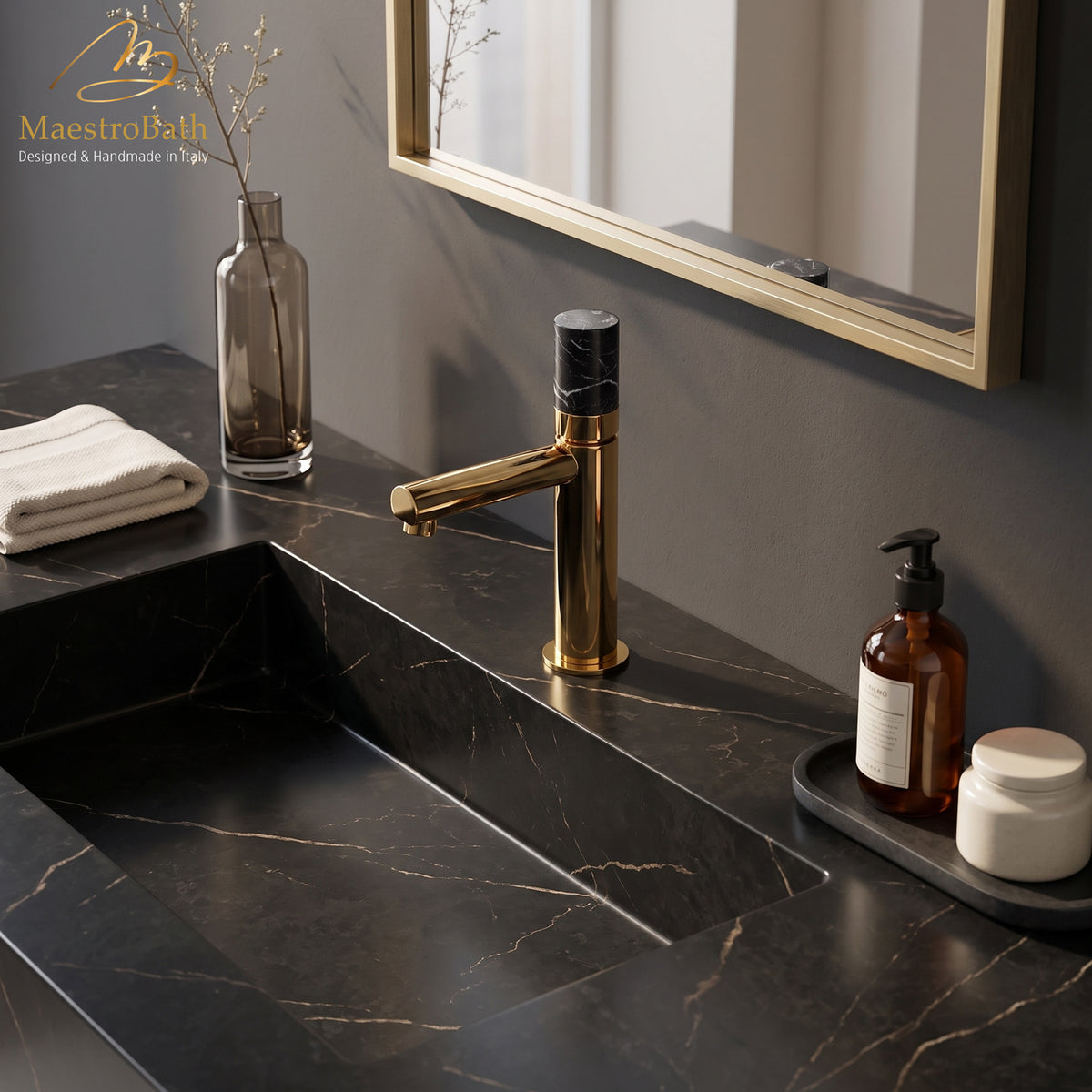 Marble Low Bathroom Faucet, shown in polished gold, 7.8 inch spout height and a 4.7 inch spout reach