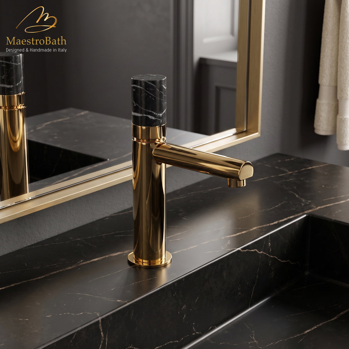 Marble Low Bathroom Faucet, shown in polished gold, 7.8 inch spout height and a 4.7 inch spout reach