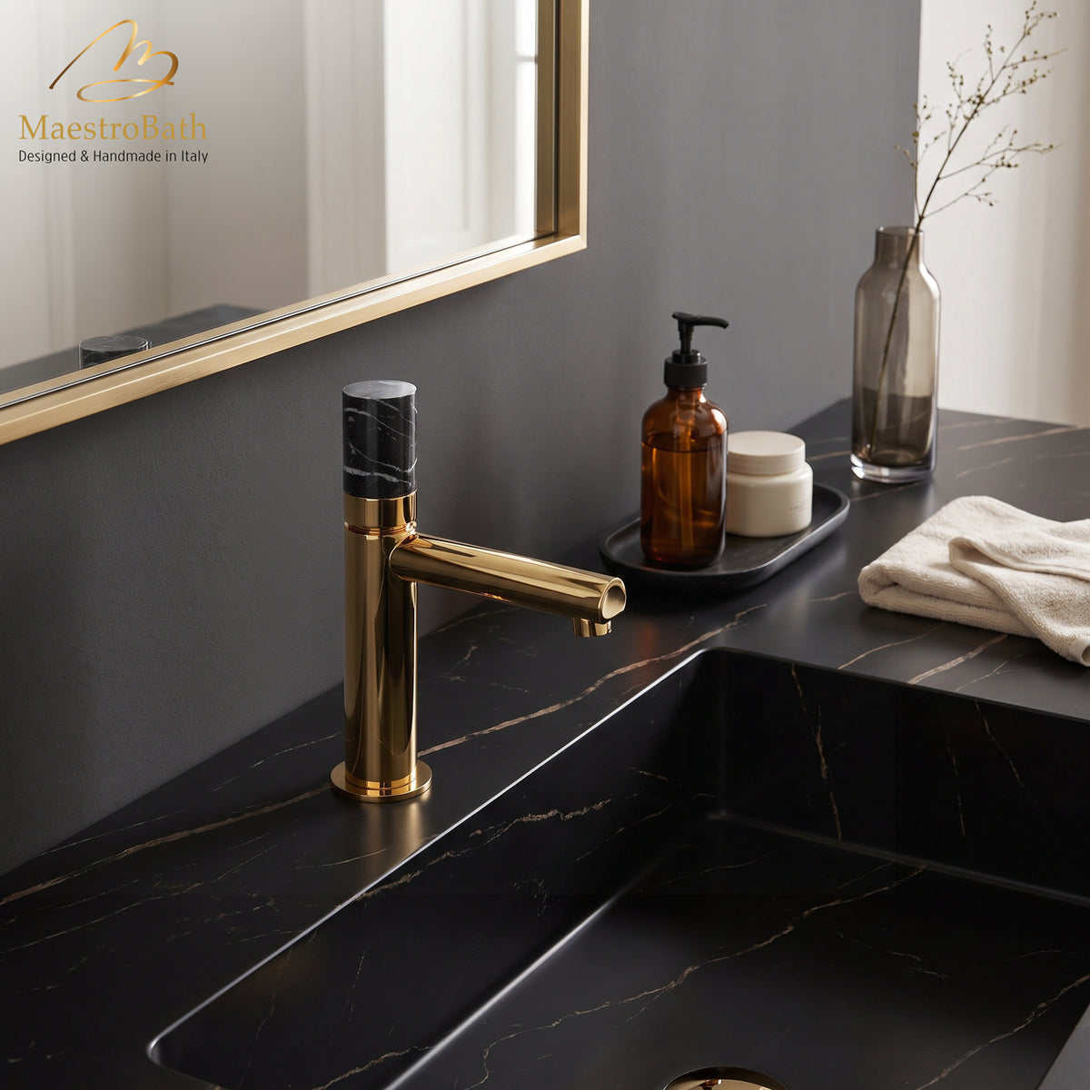 Marble Low Bathroom Faucet, shown in polished gold, 7.8 inch spout height and a 4.7 inch spout reach