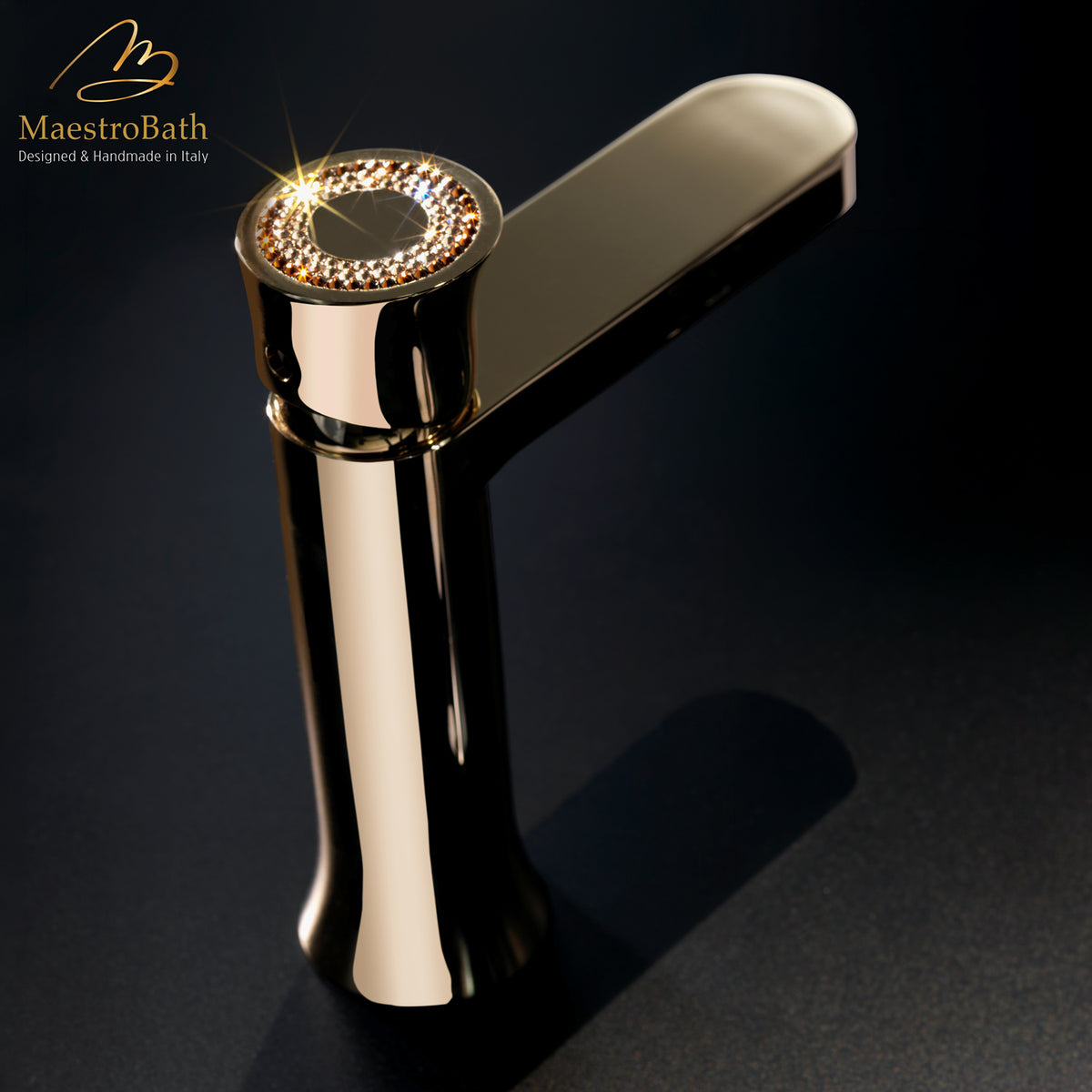 Deck mounted brass single hole bathroom faucet, with Swarovski crystal, 6.8 inch spout height and a 4.7 inch spout reach #color_polished gold