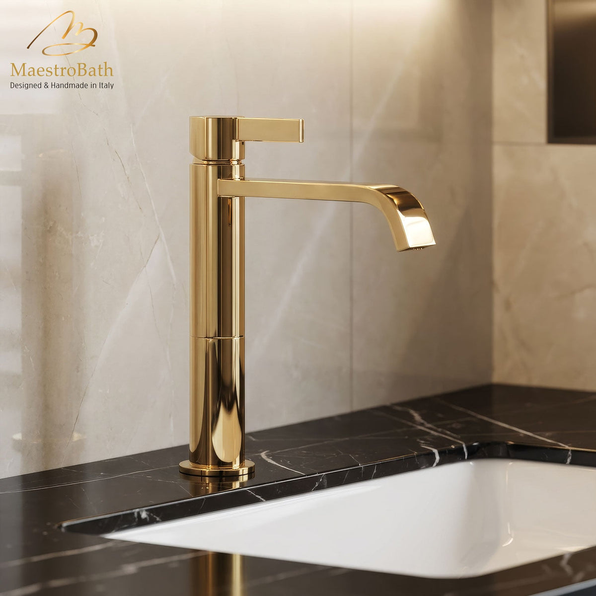 Deck mounted brass single hole bathroom faucet, 12.3 inch spout height and a 8.5 inch spout reach, made of lead-free brass #color_polished gold