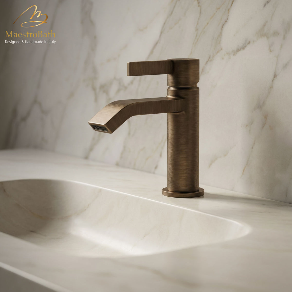 Deck mounted brass single hole bathroom faucet, 6.4 inch spout height and a 5.1 inch spout reach, made of lead-free brass #color_Tabacco