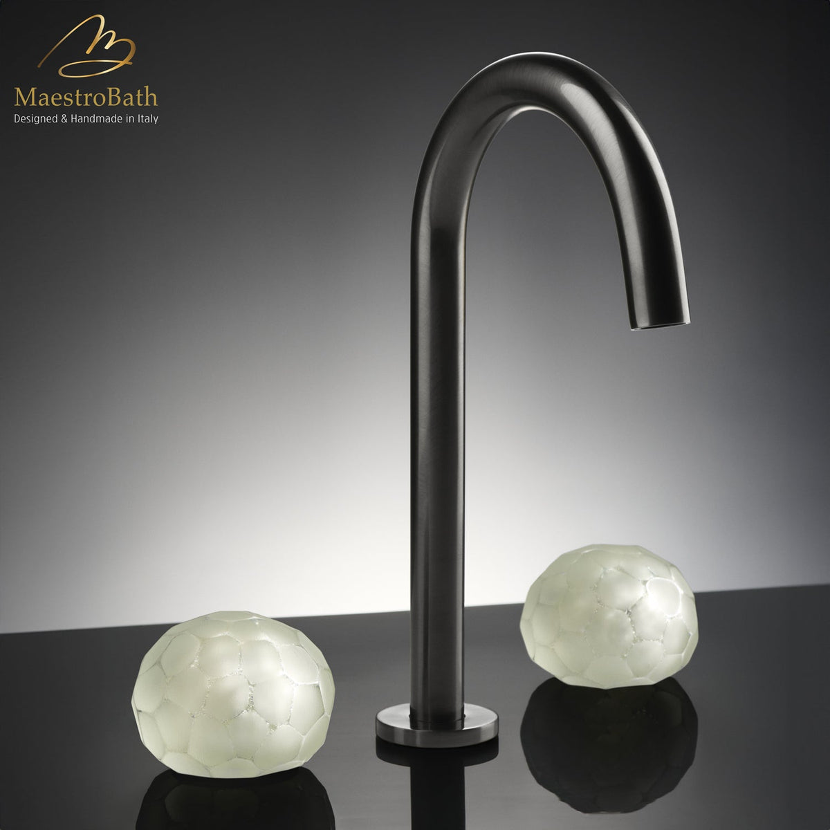 Nido 3-Hole Luxury Bathroom Faucet, shown in brushed gun metal, 10.8 inch spout height and a 5.6 inch spout reach