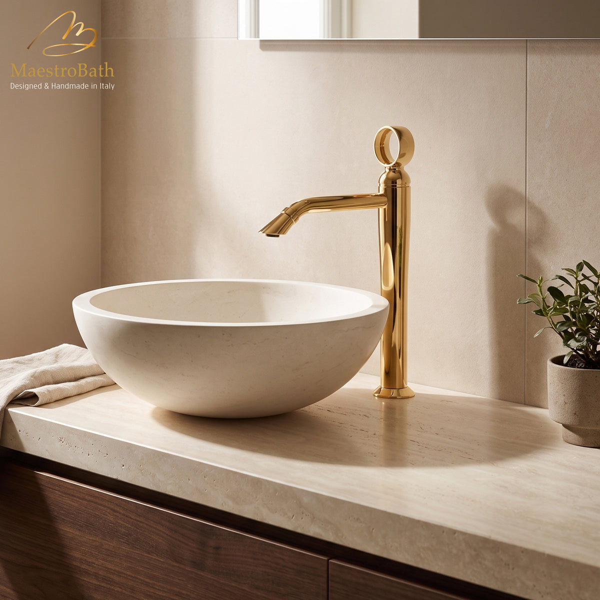 Deck mounted brass vessel sink faucet, shown in polished gold, 14.4 inch spout height and a 7.5 inch spout reach #color_polished gold