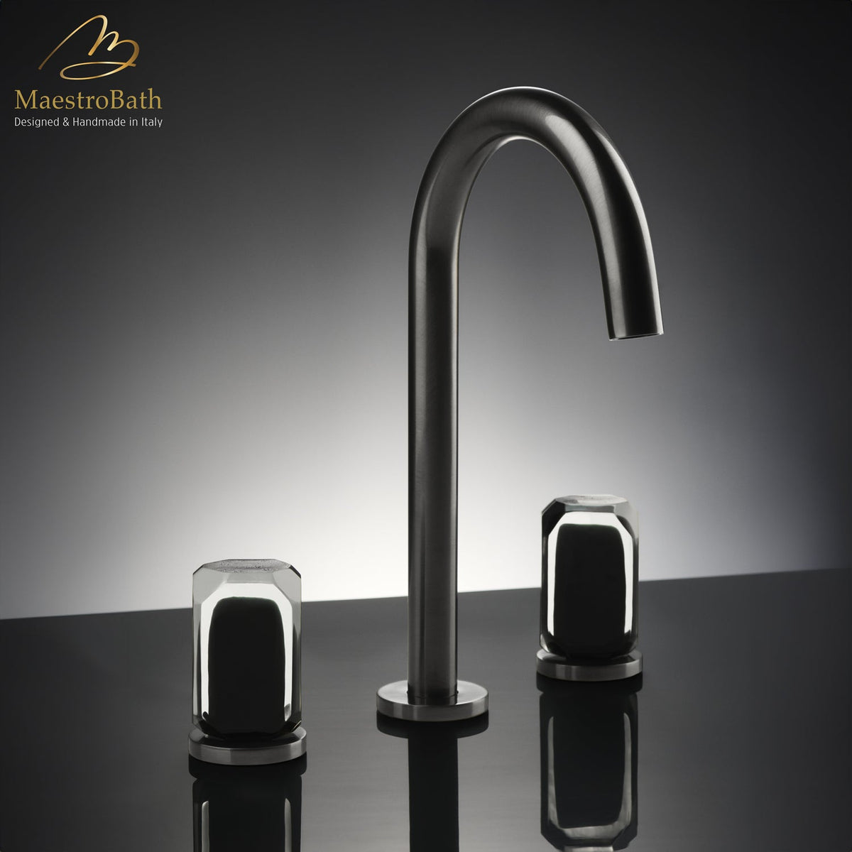 Otto Modern 3-hole Bathroom Faucet, shown in brushed gun metal, 10.8 inch spout height and a 5.6 inch spout reach