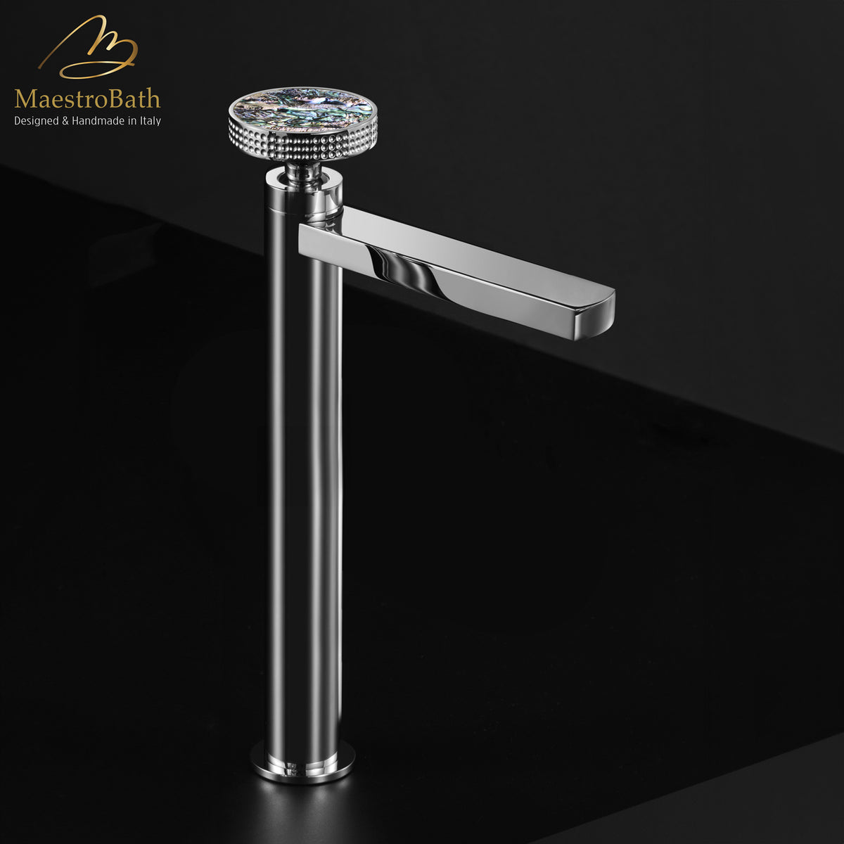 Deck mounted brass single hole bathroom faucet, with precious stones, 12.4 inch spout height and a 6.6 inch spout reach