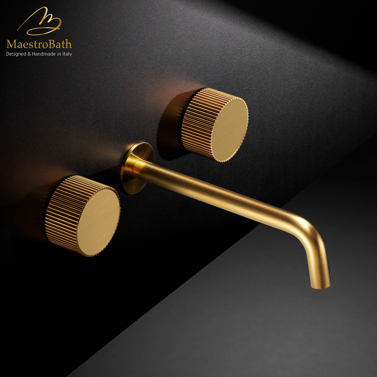 Primo Luxury Wall-mount Bathroom Faucet, shown in brushed gold, 2.5 inch spout height and a 10.1 inch spout reach