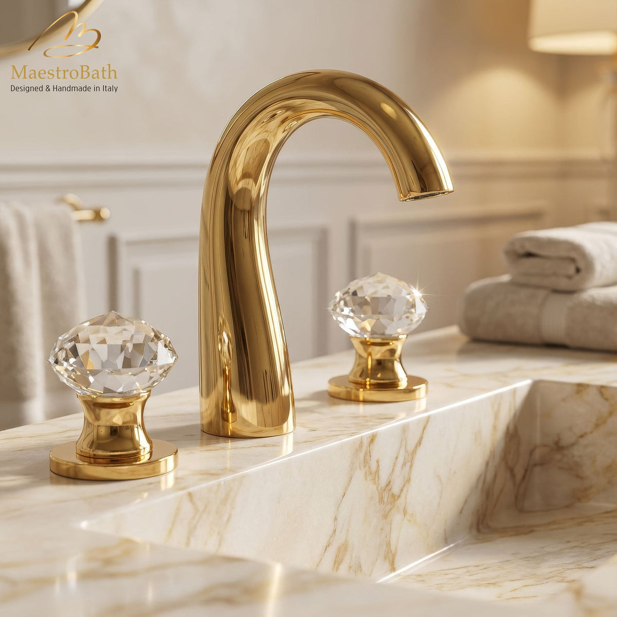 Deck mounted brass three hole bathroom faucet, 6.1 inch spout height and a 3.9 inch spout reach, made of lead-free brass #color_polished gold