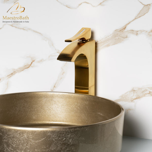 Skip Diamond 1-Hole Brushed Gold Luxury Vessel Sink Faucet #color_brushed gold