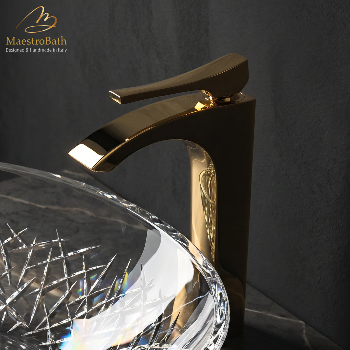 Deck mounted brass vessel sink faucet, 11.6 inch spout height and a 4.9 inch spout reach, made of lead-free brass