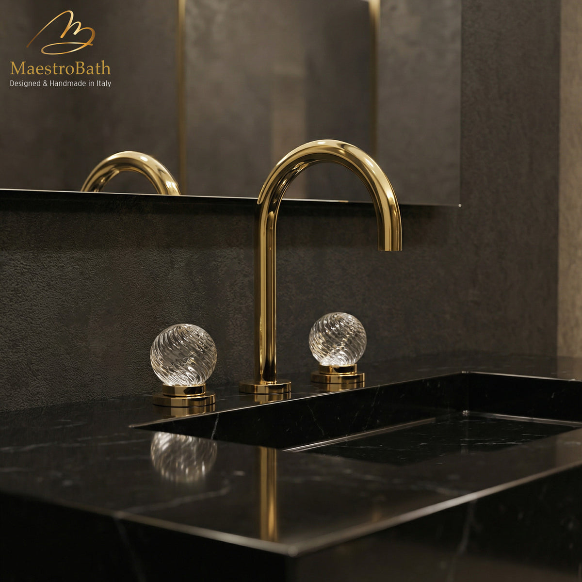 Tornado Luxury Crystal 3 Hole Bathroom Faucet, shown in polished gold, 14.1 inch spout height and a 7.8 inch spout reach
