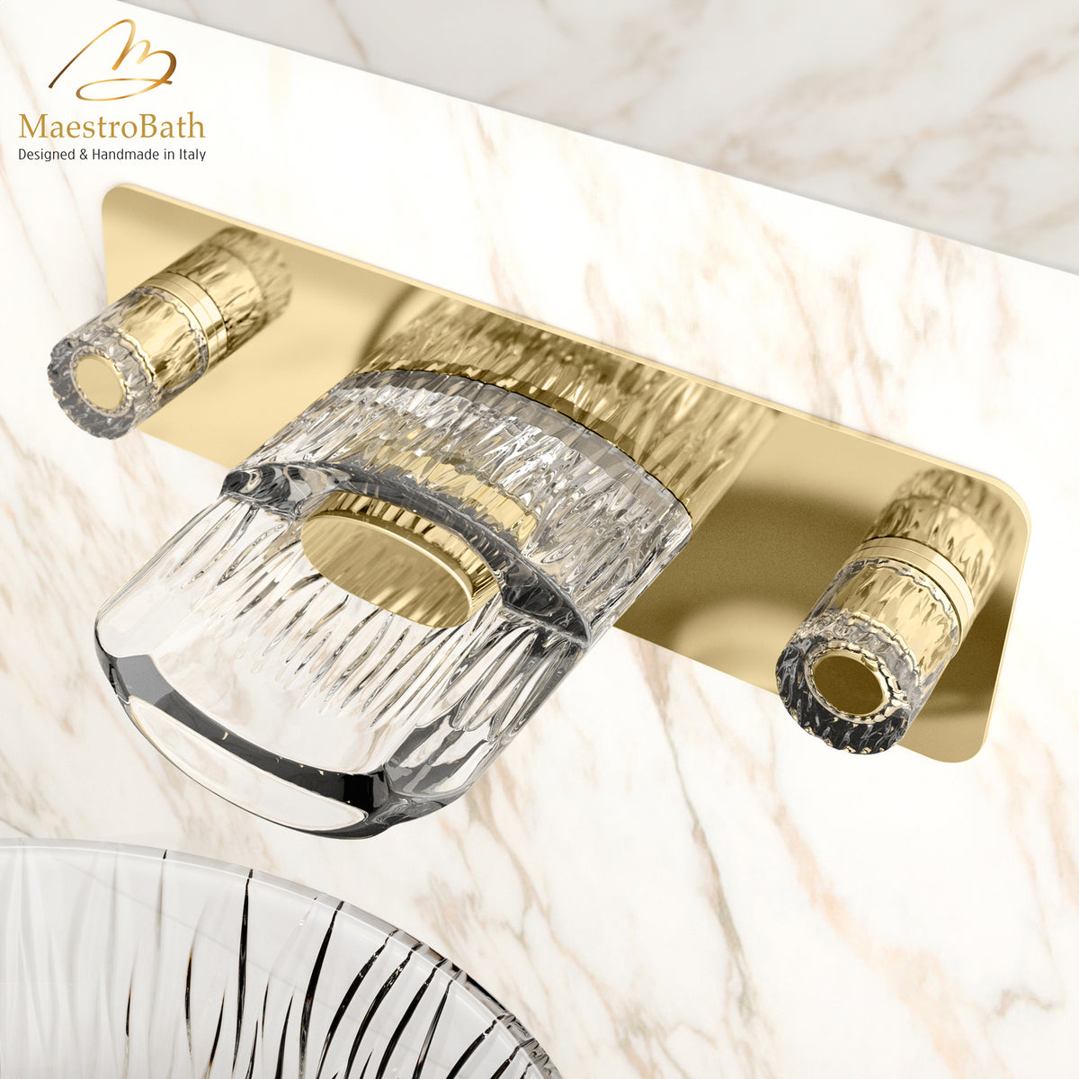 Crystal and brass wall mount bathroom faucet, 4.3 inch spout height and a 6.1 inch spout reach #color_polished gold