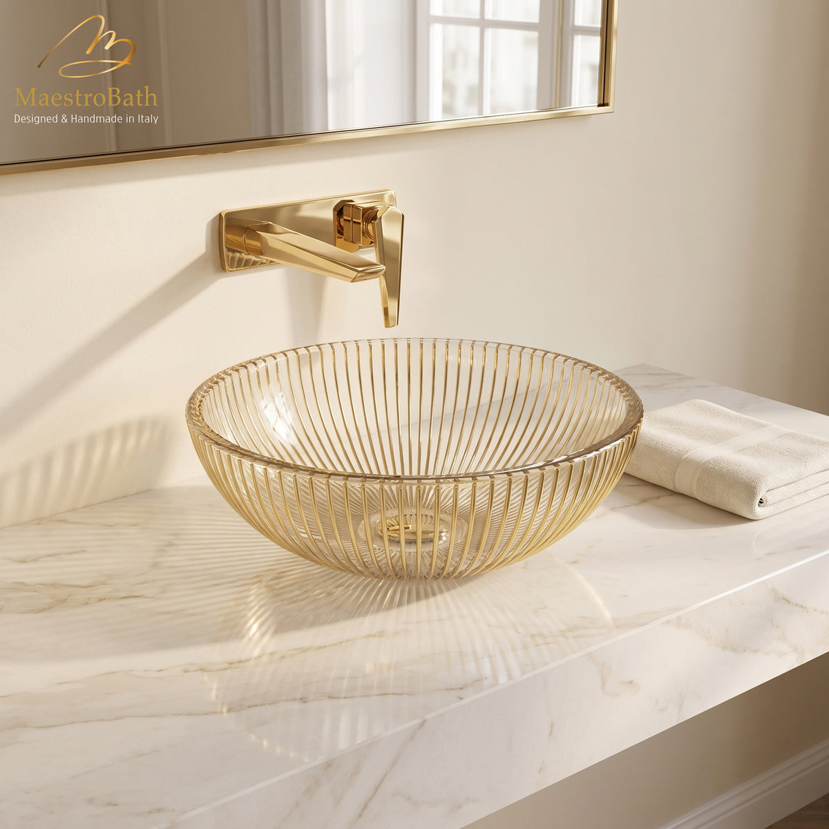 Ikon Luxury Wall-Mount Bathroom Faucet, shown in polished gold, 2.3 inch spout height and a 7.3 inch spout reach #color_polished gold