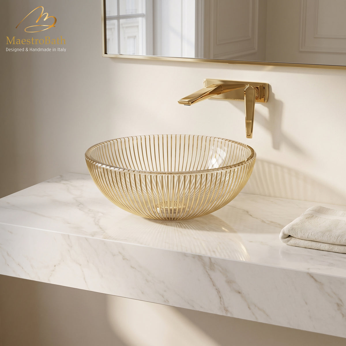Ikon Luxury Wall-Mount Bathroom Faucet, shown in polished gold, 2.3 inch spout height and a 7.3 inch spout reach #color_polished gold