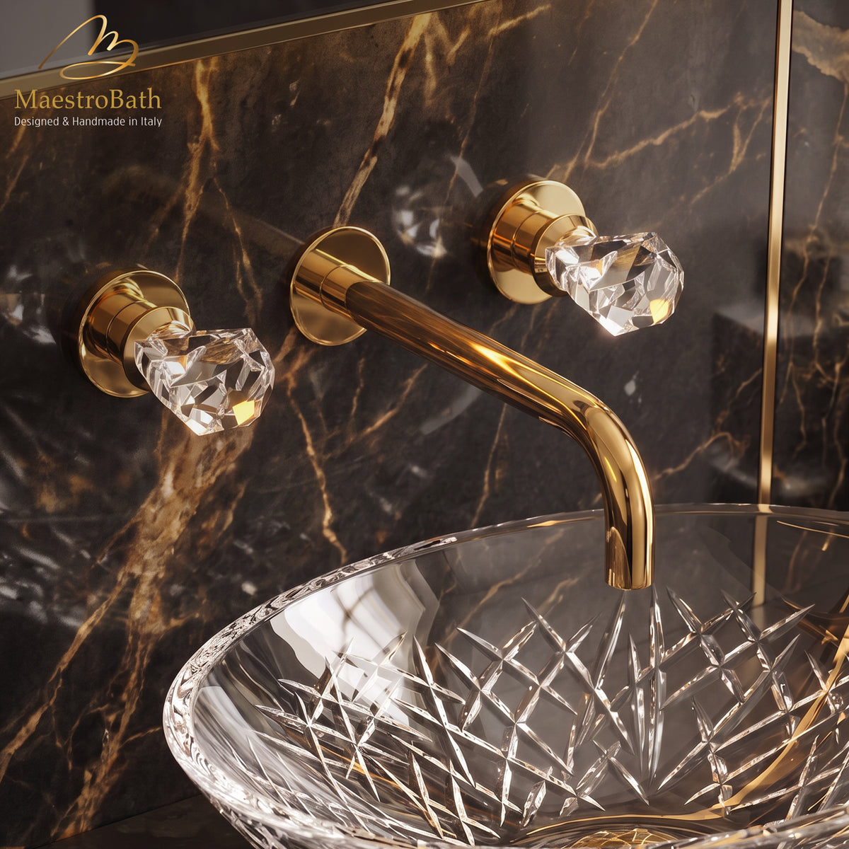Lux Crystal Wall Mount Bathroom Faucet, shown in polished gold, 2.3 inch spout height and a 7.4 inch spout reach #color_polished gold