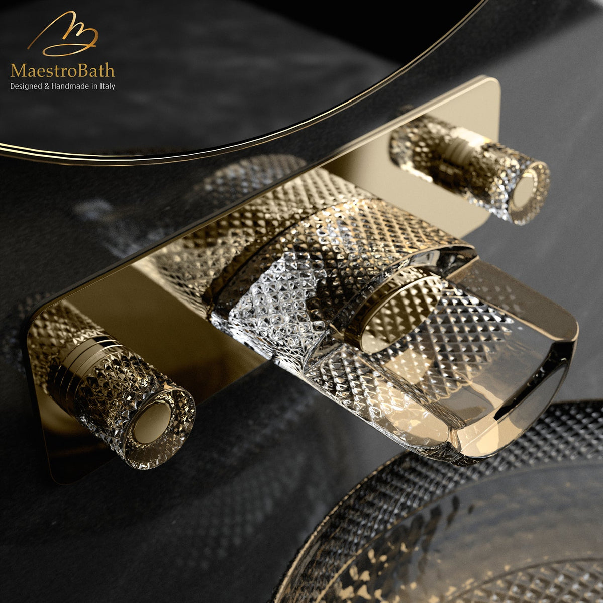 Crystal and brass wall mount bathroom faucet, shown in polished gold, 4.3 inch spout height and a 6.1 inch spout reach