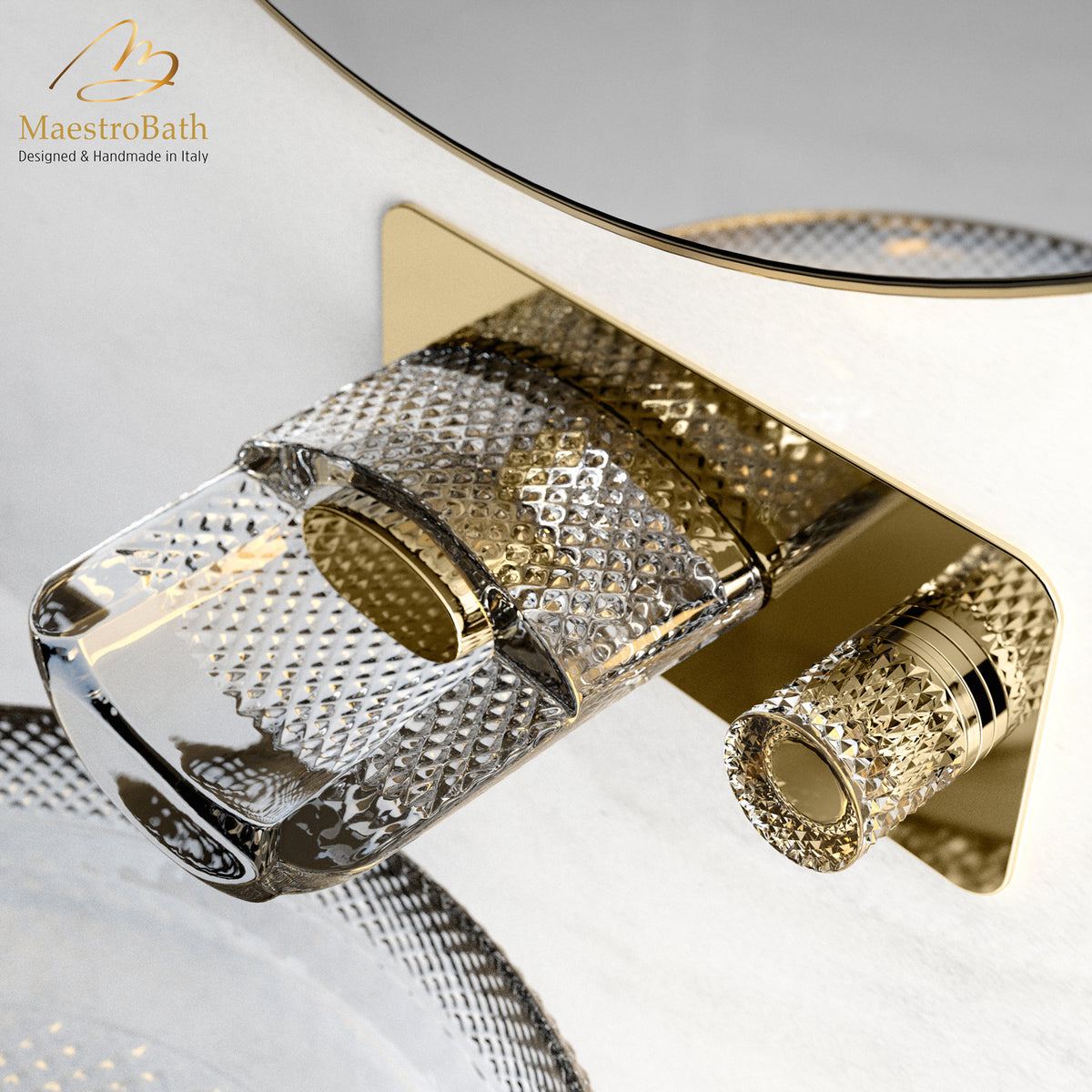 Ramada Luxury Wall Mount Bathroom Faucet, shown in polished gold, 4.3 inch spout height and a 6.1 inch spout reach