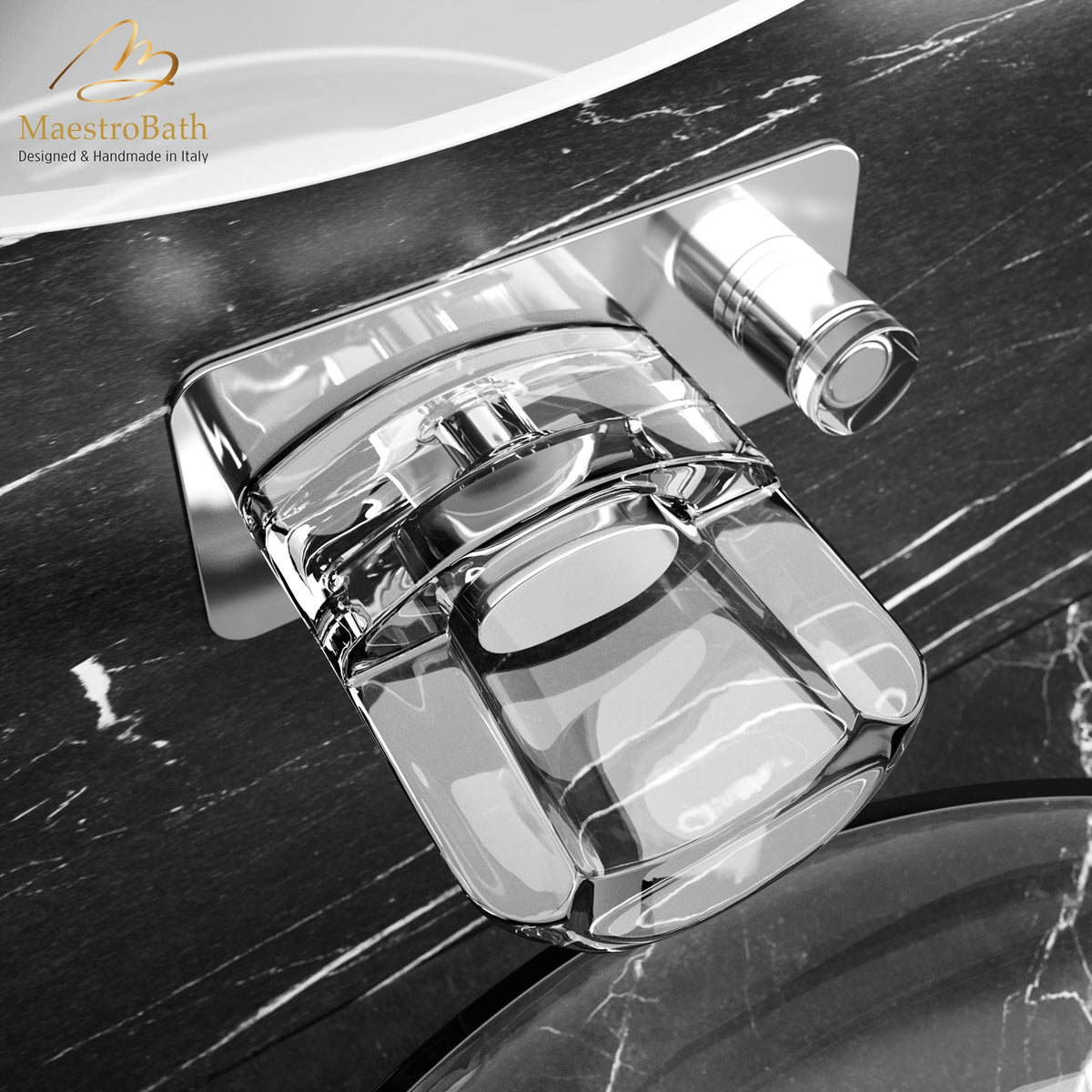 Slick Luxury Wall Mount Bathroom Faucet, shown in polished chrome, 4.3 inch spout height and a 6.1 inch spout reach