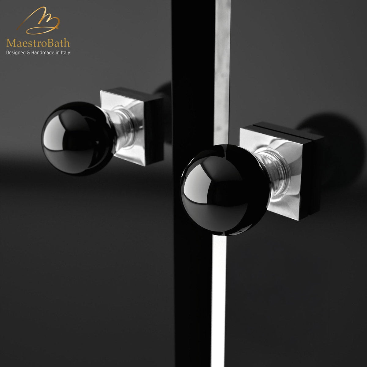 Brass and crystal door handle, shown in black and chrome, 2.1 inch by 2.1 inch by 3.1 inch