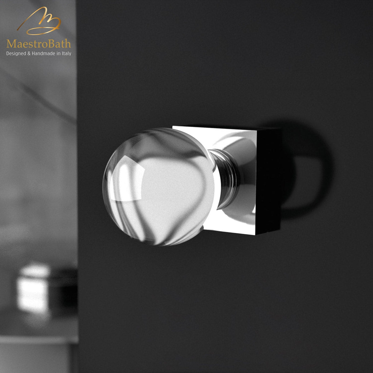 Brass and crystal door handle, shown in clear and chrome, 2.1 inch by 2.1 inch by 3.1 inch