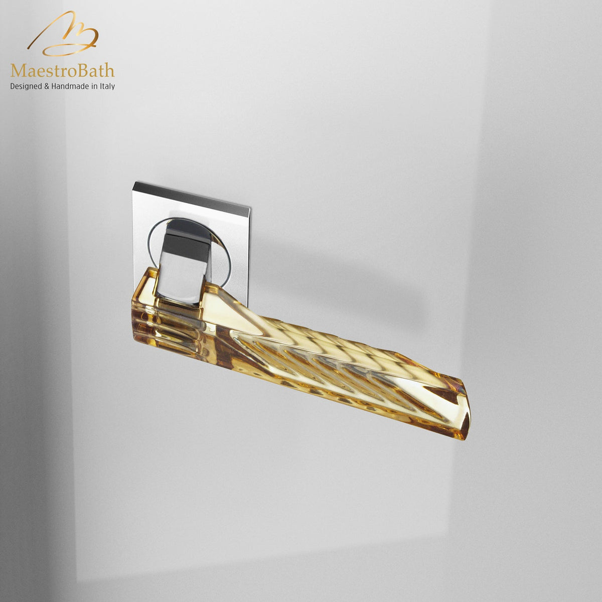 Brass and crystal door handle, shown in amber and chrome, 5.1 inch by 2 inch by 2.3 inch