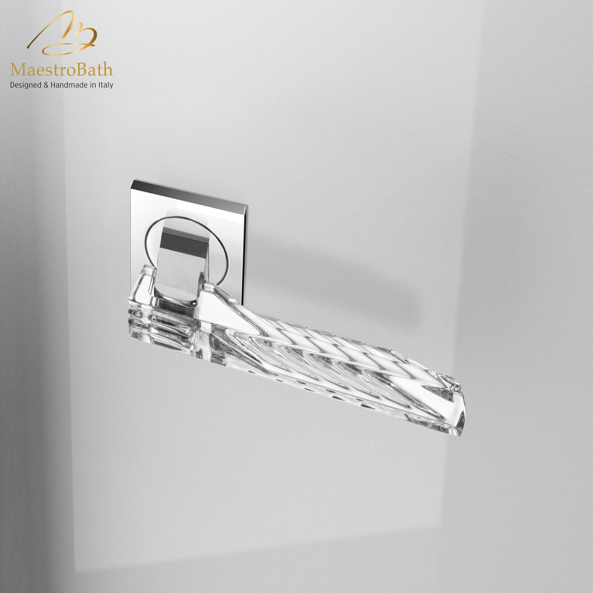 Brass and crystal door handle, shown in clear and chrome, 5.1 inch by 2 inch by 2.3 inch