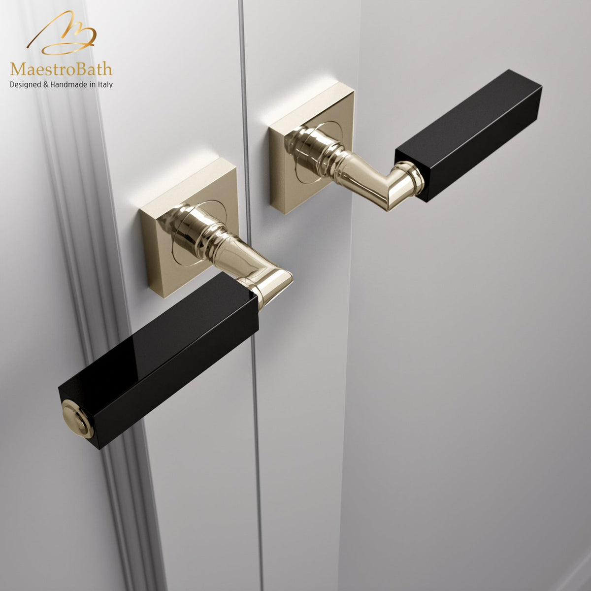 Brass and crystal door handle, shown in black and champagne, 5.3 inch by 1.9 inch by 2.9 inch