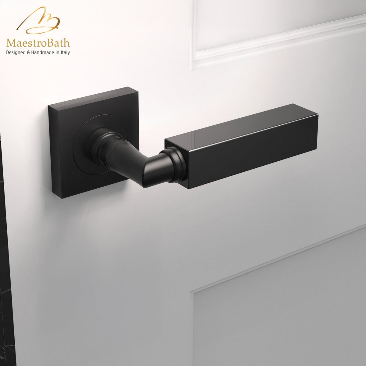 Brass and crystal door handle, shown in black and matte black, 5.3 inch by 1.9 inch by 2.9 inch