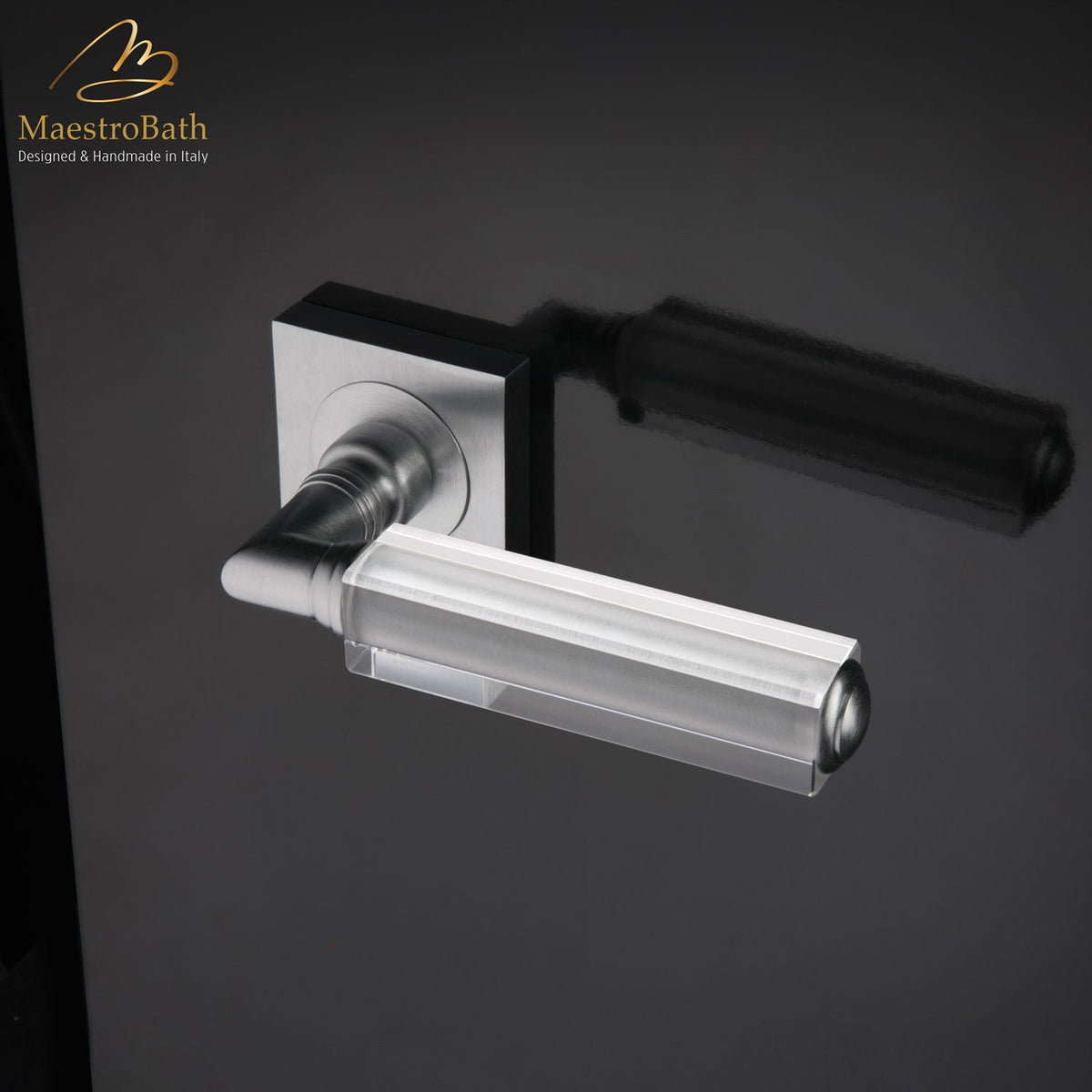 Brass and crystal door handle, shown in clear and brushed chrome, 5.3 inch by 1.9 inch by 2.9 inch