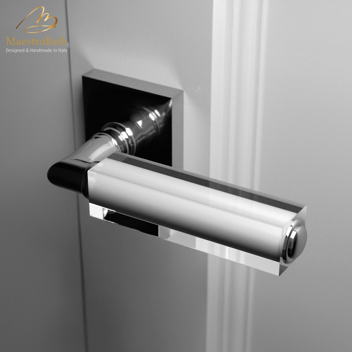 Brass and crystal door handle, shown in clear and chrome, 5.3 inch by 1.9 inch by 2.9 inch