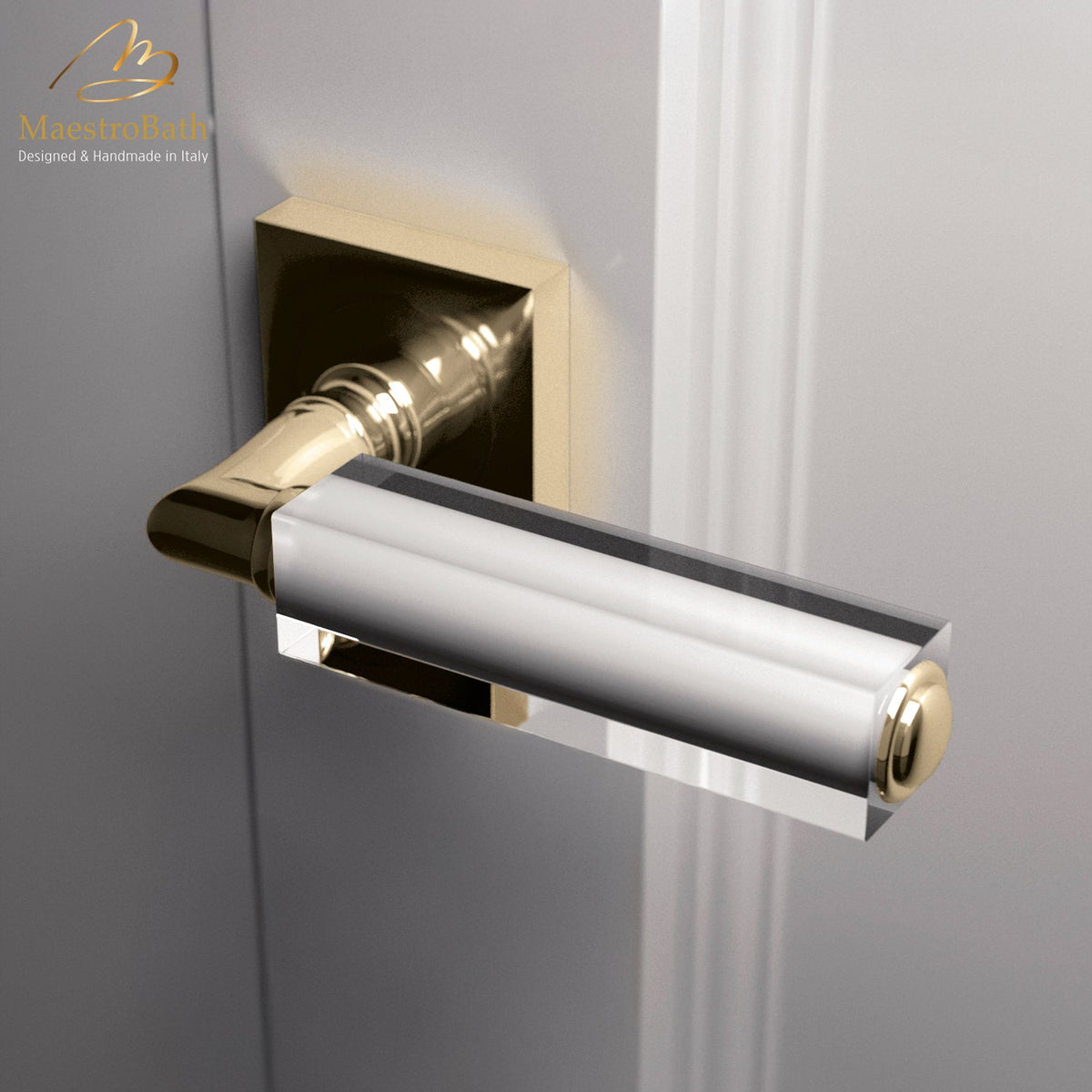 Brass and crystal door handle, shown in clear and champagne, 5.3 inch by 1.9 inch by 2.9 inch