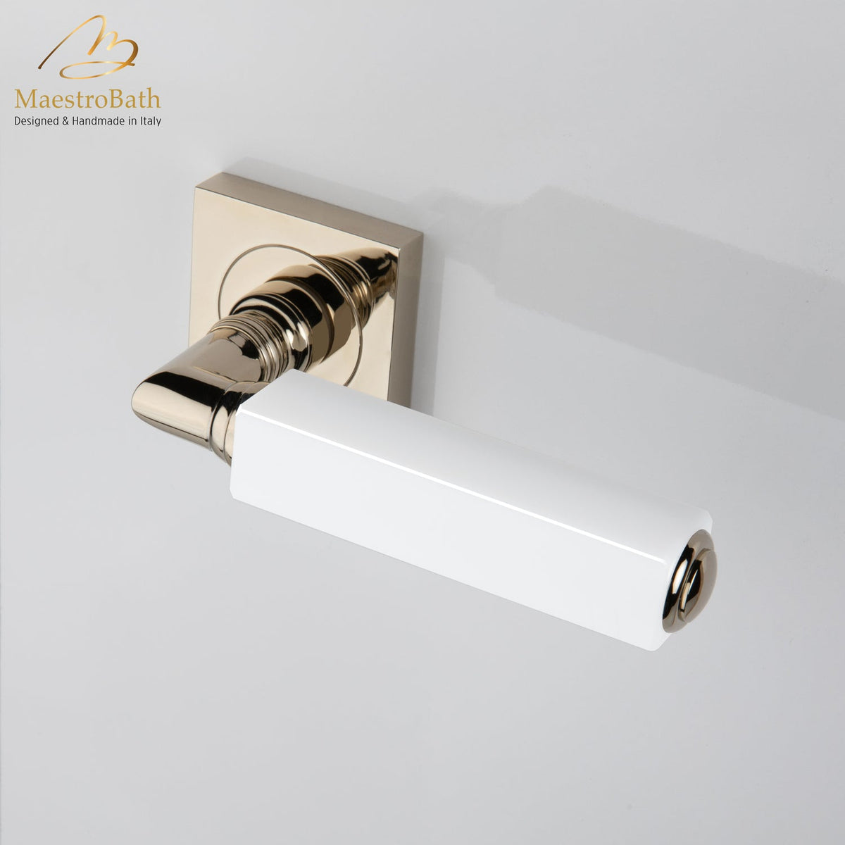 Brass and crystal door handle, shown in white and champagne, 5.3 inch by 1.9 inch by 2.9 inch