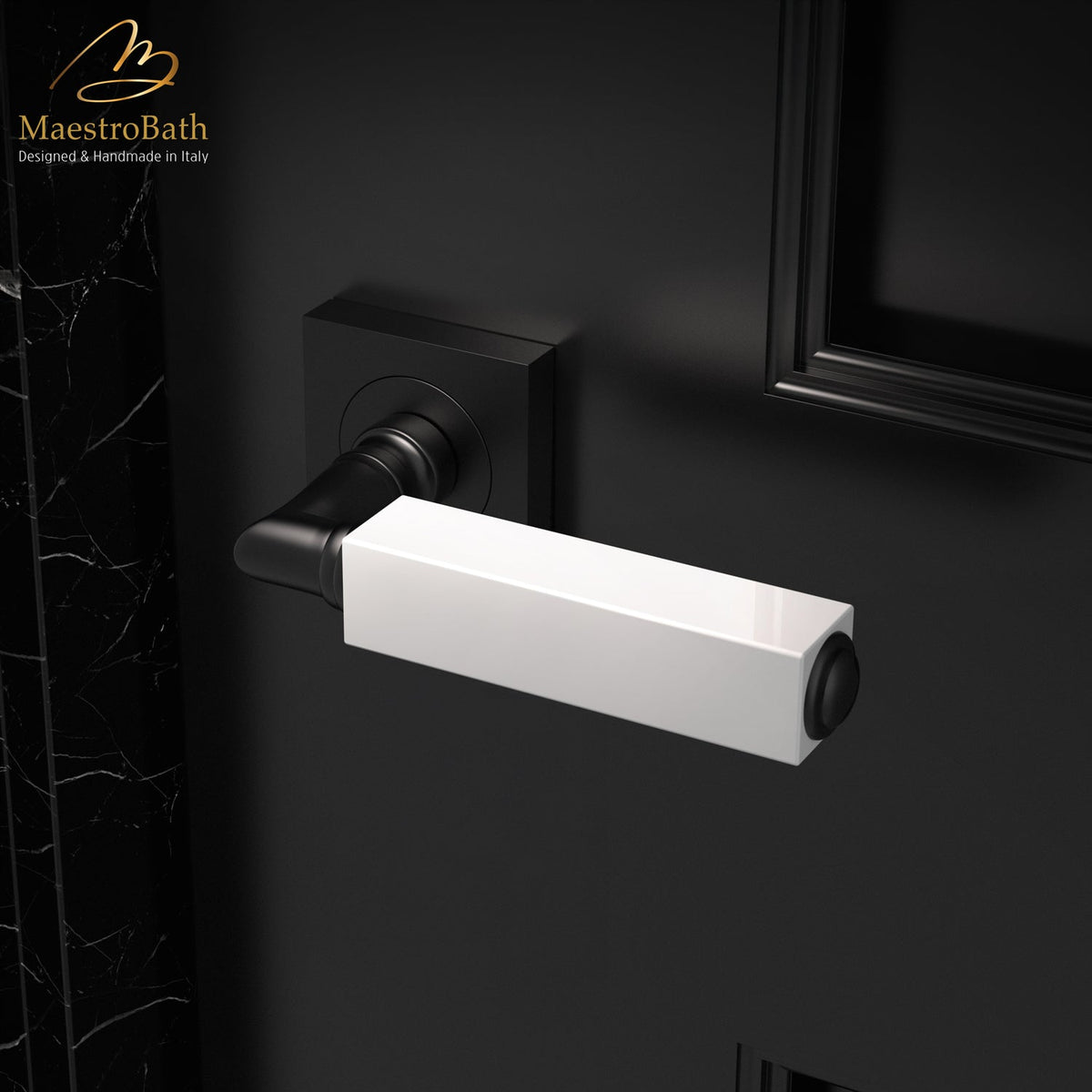 Brass and crystal door handle, shown in white with a matte black base