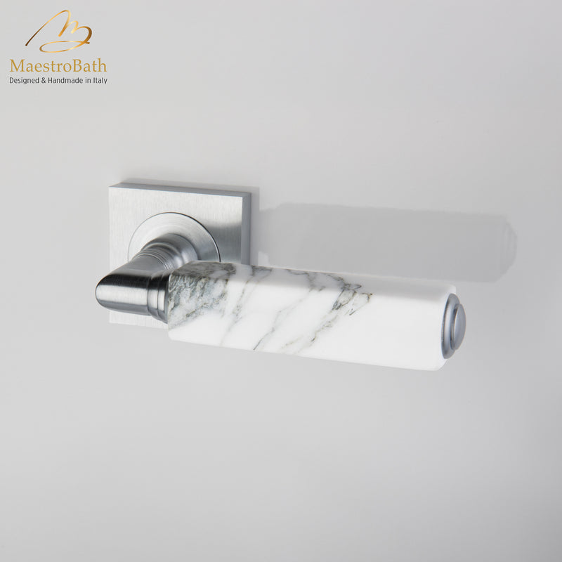 CUBO Marble Door Handle | White/Brushed Chrome