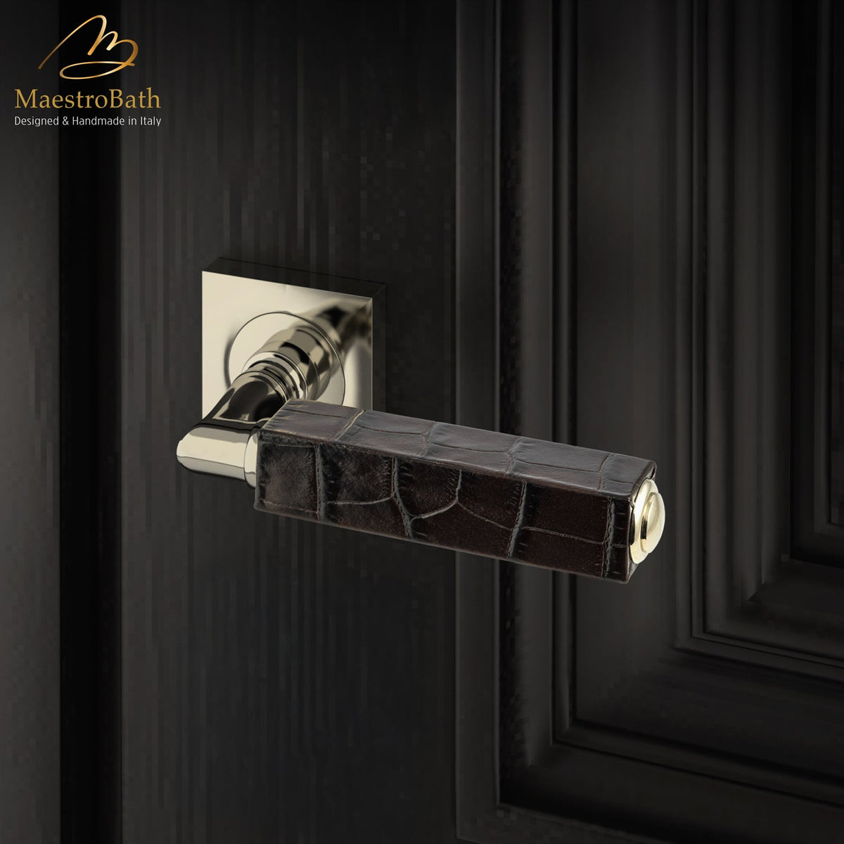Brass and leather door handle, shown in dark brown and champagne, 5.3 inch by 1.9 inch by 2.9 inch