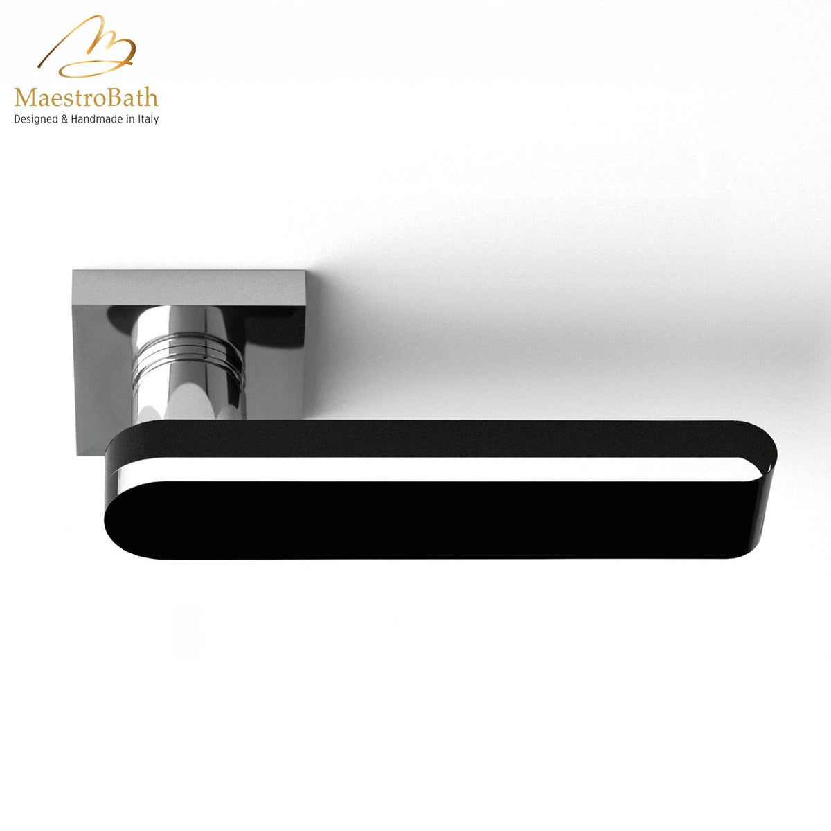 Brass and crystal door handle, shown in black and chrome, 5.3 inch by 2 inch by 2 inch