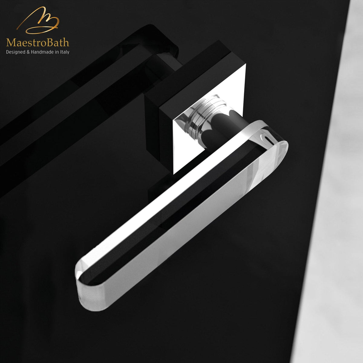 Brass and crystal door handle, shown in clear-matte and chrome, 5.3 inch by 2 inch by 2 inch