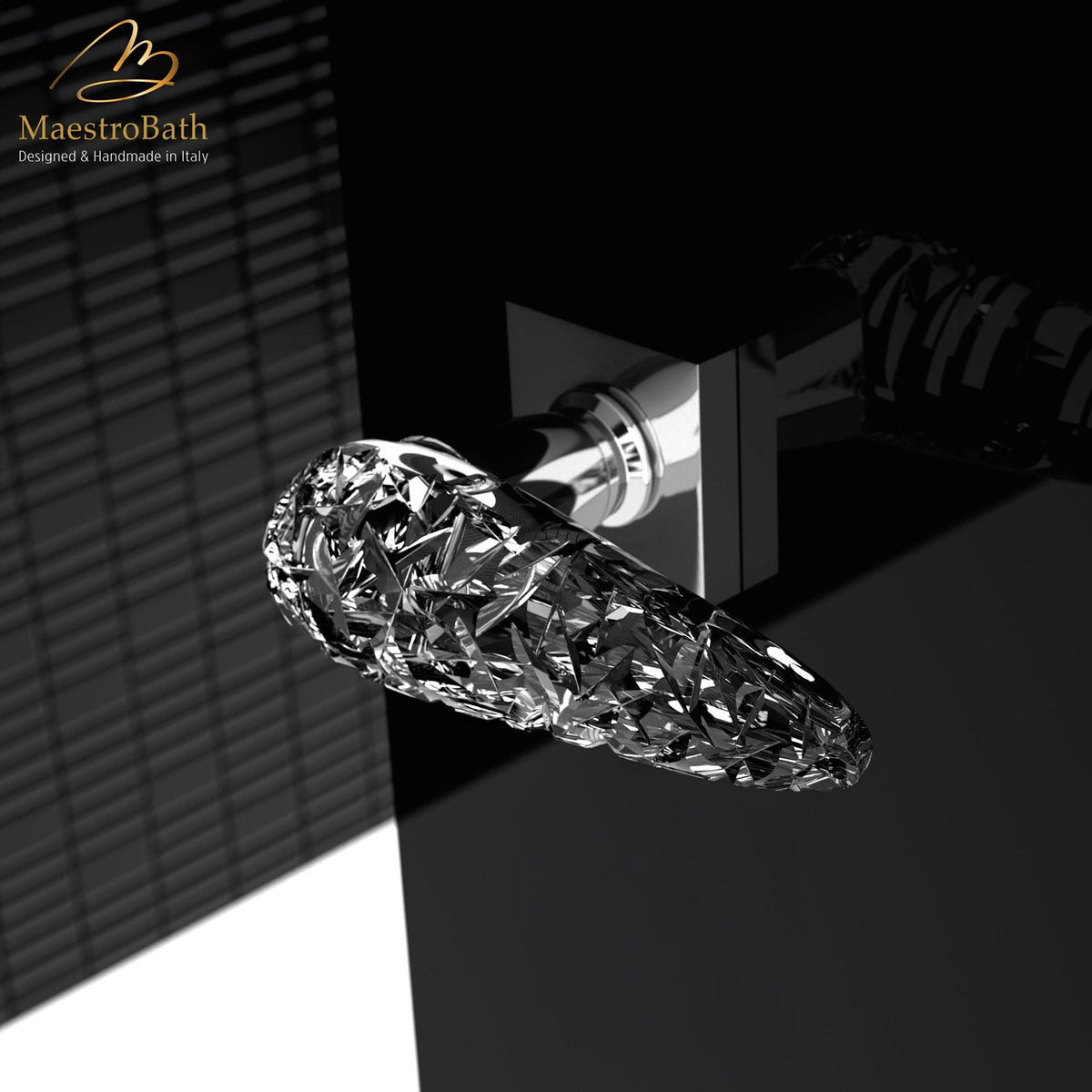 Luxury Crystal Door Handle, shown in transparent handle and chrome hardware, 5.1 inch by 2 inch by 3.5 inch